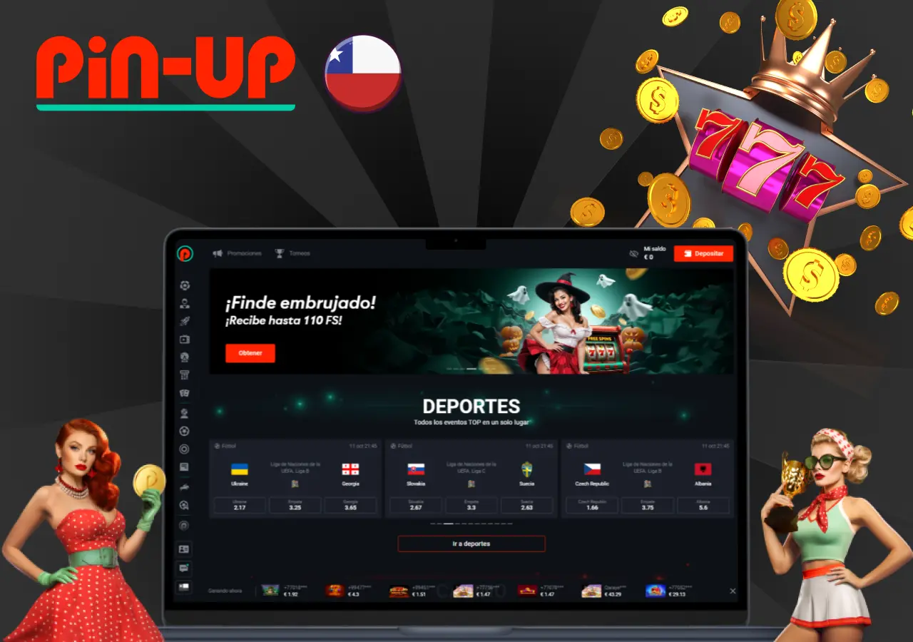 Interfaz de deportes y promociones en Pin-Up Chile, destacando eventos y apuestas