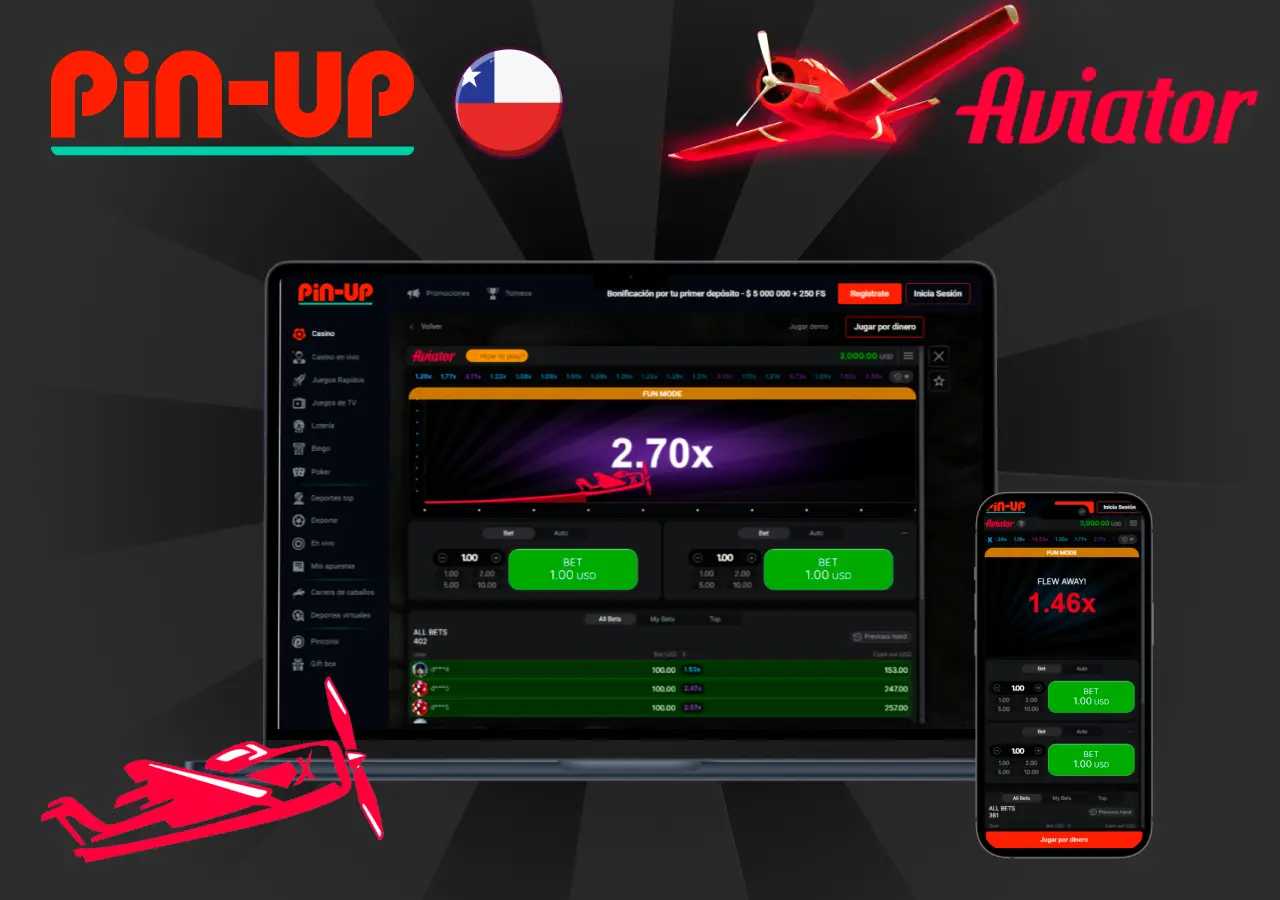 Pantalla del juego Aviator en la plataforma de Pin-Up Chile con multiplicador 2.70x