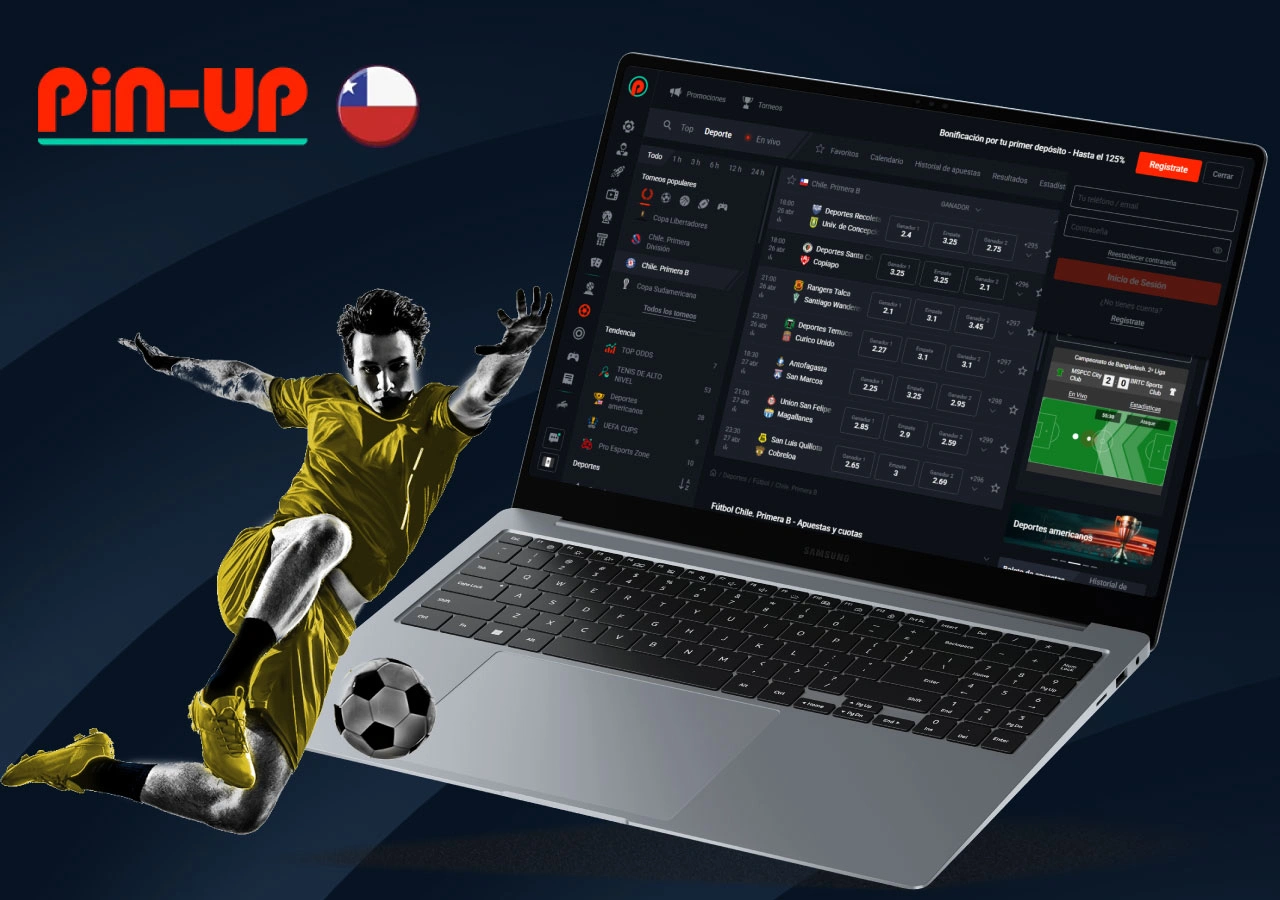 Página de casino con ordenador portátil y jugador de fútbol